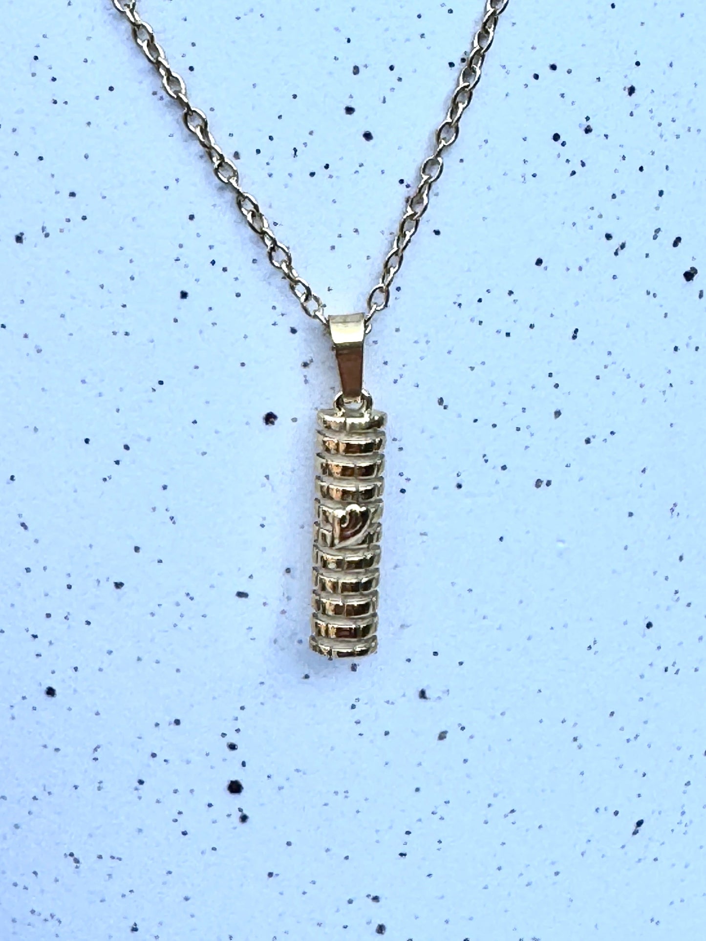 Gold silver mezuzah pendant necklace Shin protector Western Wall design.