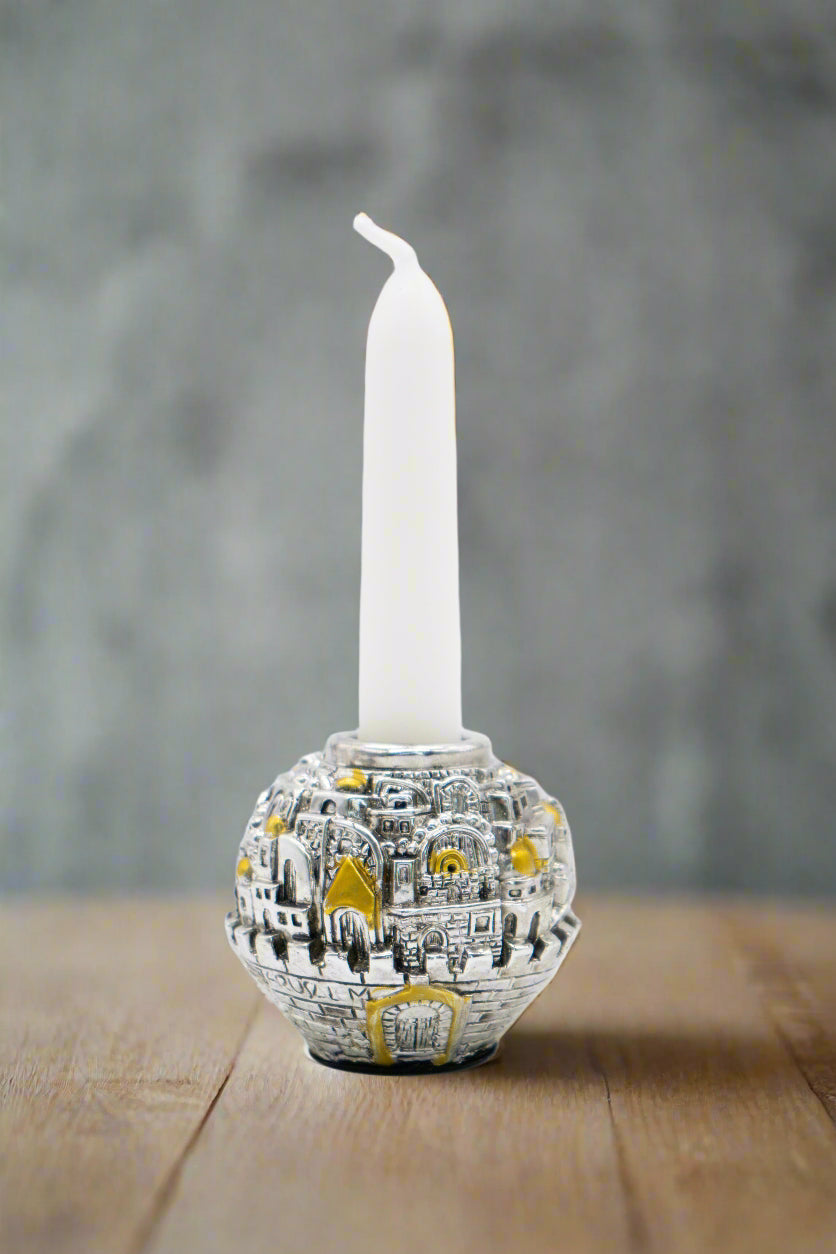 Painted enamel Jerusalem candle holders round metal Judaica gift.
Portable Jerusalem candlesticks, small round Jewish candle holders.
Hand-painted enamel Jerusalem round candle holders for Jewish holidays.
