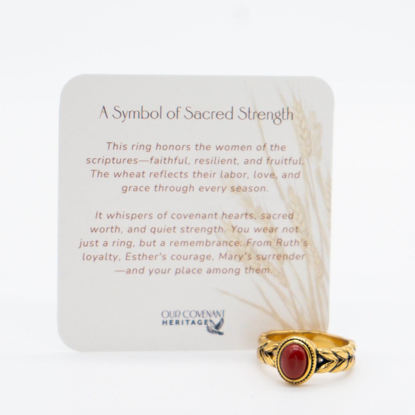 Silver Ruth Ring with wheat detailing and red gemstone symbolizing virtue and covenant strength.