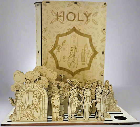 Handcrafted religious Easter decoration featuring layered cityscape details and a meaningful resurrection story.