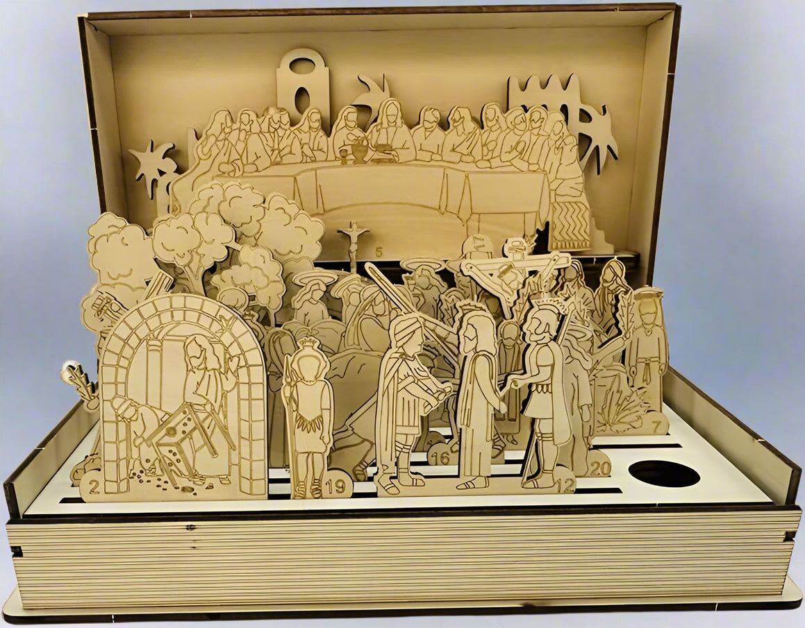 DIY Wooden Easter Book Kit with intricate 3D Resurrection Scene, perfect for families celebrating Holy Week.