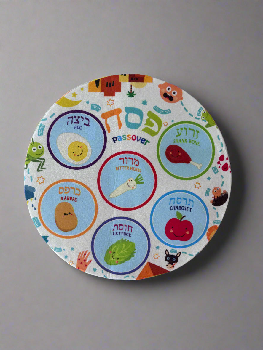 Play seder plate made of felt for the Passover celebration for family and children with Hebrew words and meanings in English. Pictures of each passover seder food to participate in the traditions while making it fun for children.
