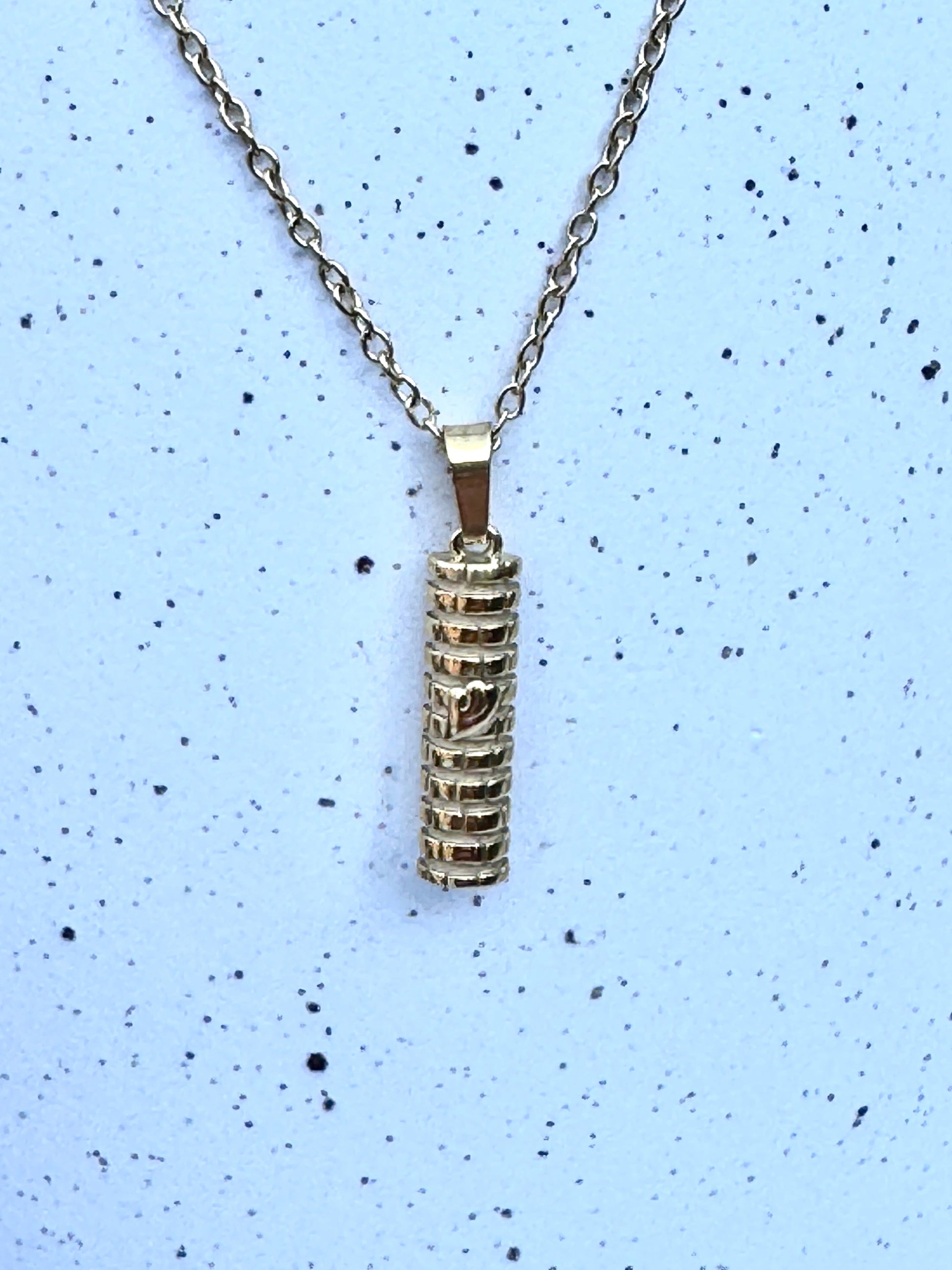 Gold silver mezuzah pendant necklace Shin protector Western Wall design.
