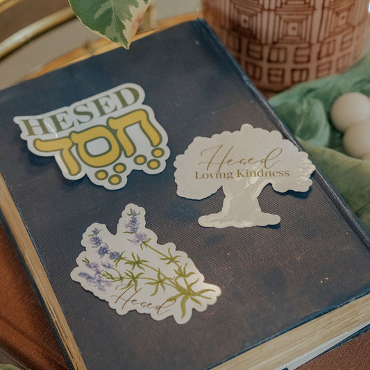 Set of three waterproof Hesed stickers featuring the Tree of Life design, Hebrew lettering, and a hyssop branch illustration