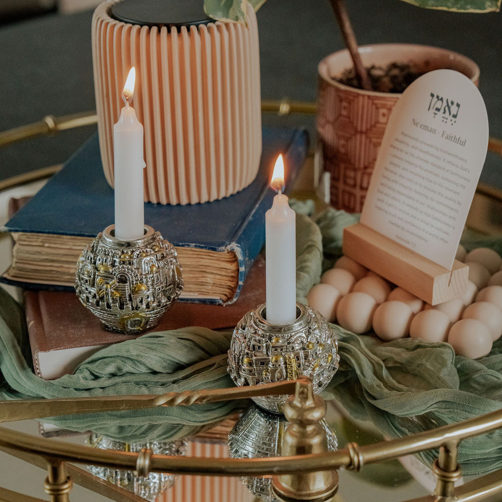 Jerusalem candle holder featuring a design of the Jerusalem city skyline, perfect for home décor and devotional use