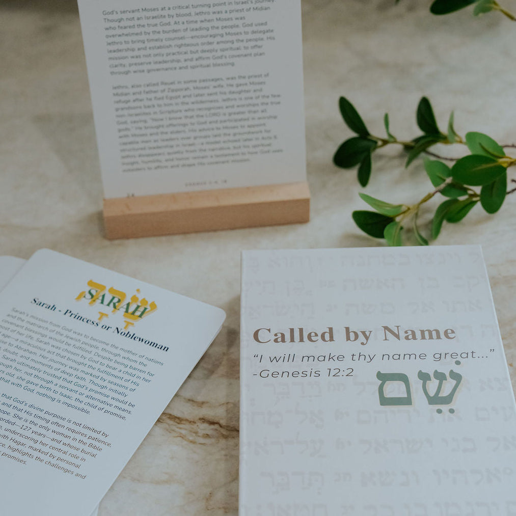 Flat lay of Hebrew Name cards of Men & Women of the Old Testament their Hebrew name, meaning and mission from God.