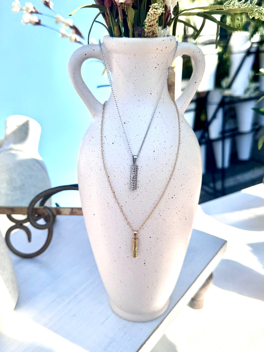 Mezuzah jewelry necklace in gold and silver with Shin, Western Wall Jewish design.