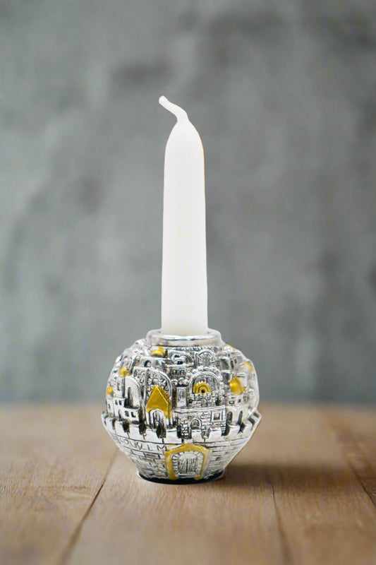 Painted enamel Jerusalem candle holders round metal Judaica gift.

Portable Jerusalem candlesticks, small round Jewish candle holders.

Hand-painted enamel Jerusalem round candle holders for Jewish holidays.