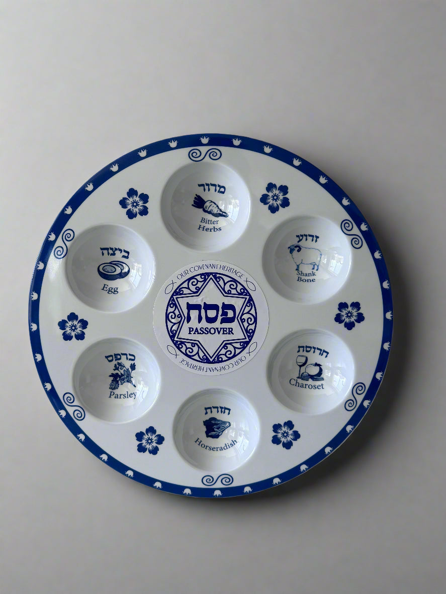 Beautiful 12-inch Seder plate for Passover, decorated in blue and white with translations for each item