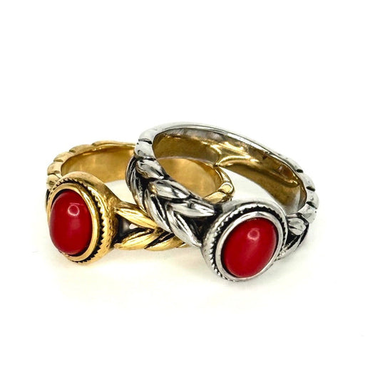 Gold-plated Ruth Ring with wheat edges and ruby stone, a tribute to the faithful women of Scripture.